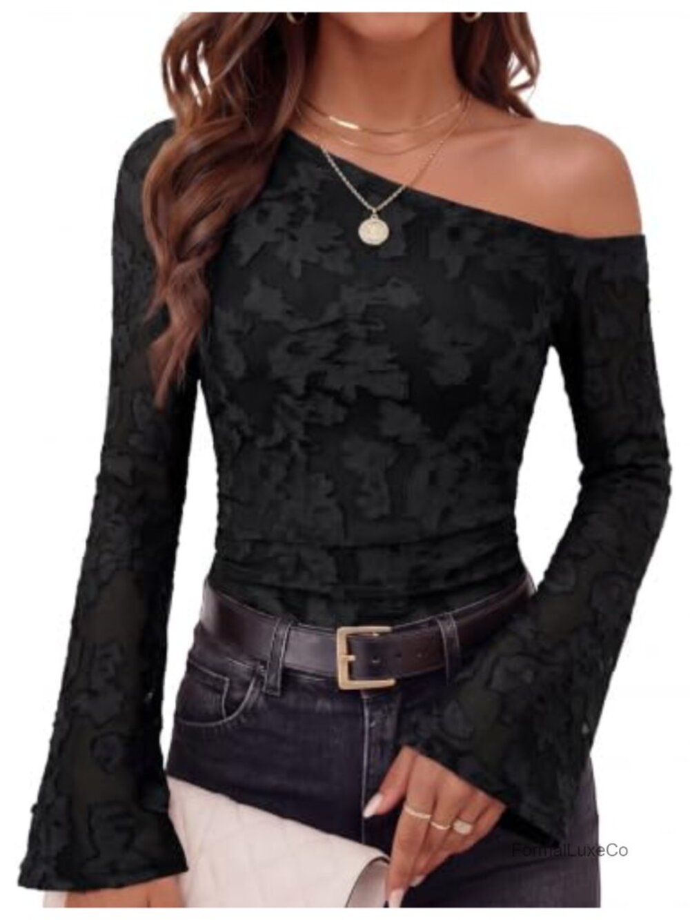 Off Shoulder Floral Mesh Bell Sleeve Going Out Top